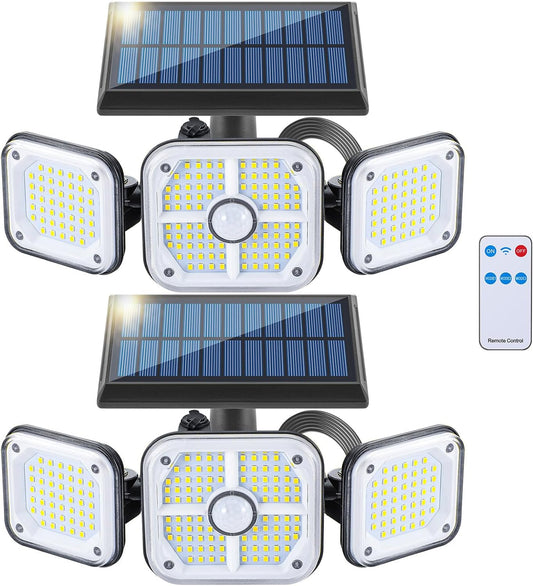 Solar Motion Lights Outdoor 2 Packs 186 LED Motion Sensor Solar Lights with Separate Solar Panel Remote Control IP65 Waterproof 3 Heads Security Flood Lights Wall Lamp for Outside Garage