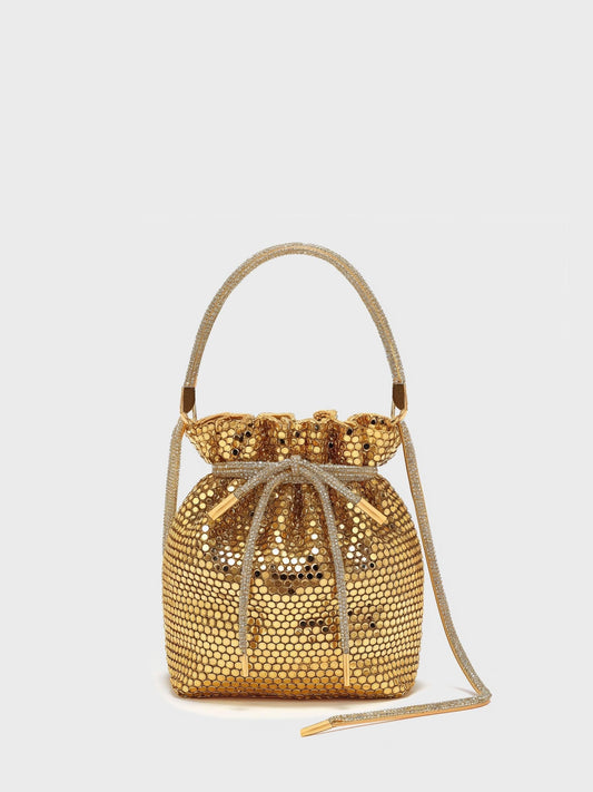 Pleated Sequin Bucket Bag - Gold