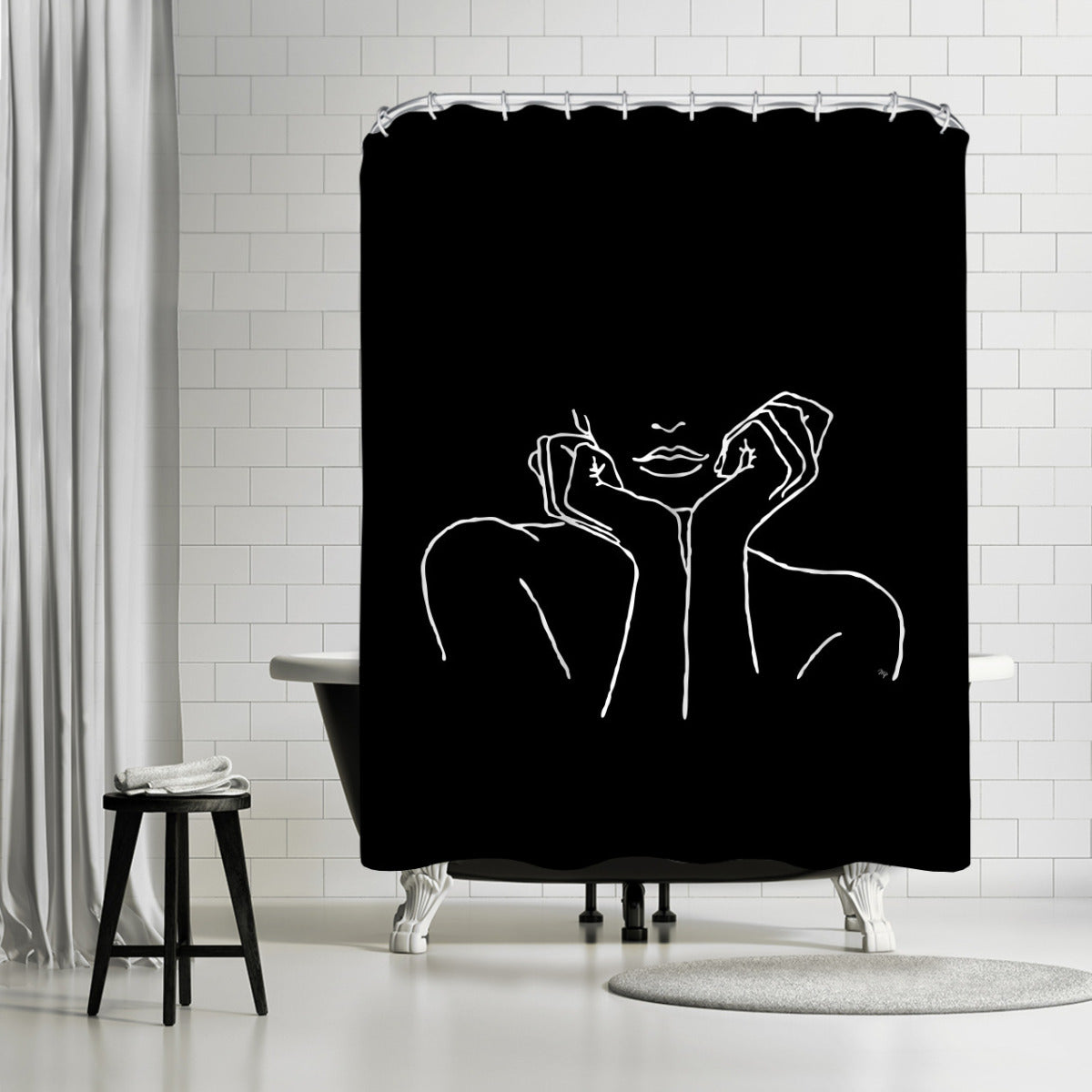 71" x 74" Decorative Shower Curtain with 12 Hooks, ThinkingBlack by Martina
