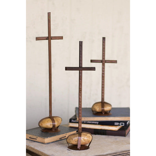 Set of 3 Scrap Metal Crosses With Caged Rock Bases