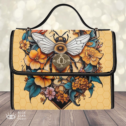 Yellow Honey Bee Tattoo Style Purse, Canvas Satchel Handbag, Cross Body Bag