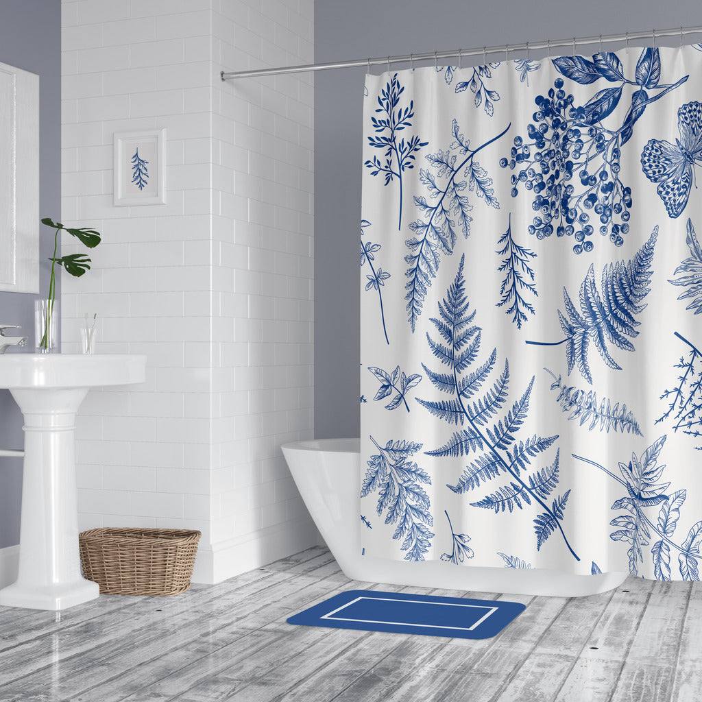 Unique Design On Durable Washable Fabric Shower Curtain - Blue and White Botanics