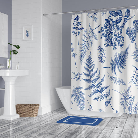 Unique Design On Durable Washable Fabric Shower Curtain - Blue and White Botanics