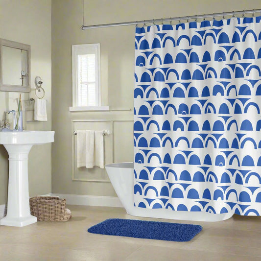 Washable Water & Mold-Resistant Fabric Shower Curtain - No Liner Needed - Blue and White Stonewall