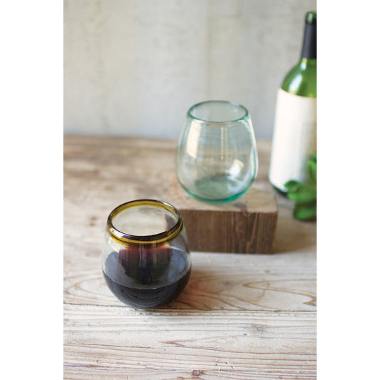 Set Of 6 Stemless Wine Glasses With Amber Rim