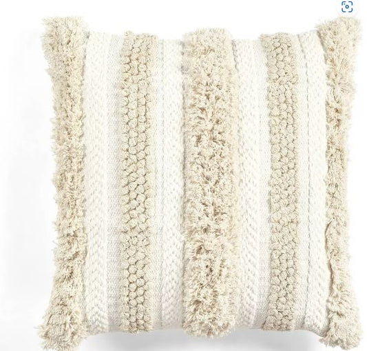 20"x20" Oversize Wilbur Tufted Cotton Family-Friendly Square Throw Pillow Cover with Tassels Ivory/Neutral - Lush Décor