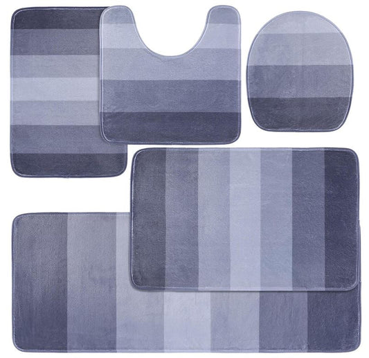 Bathroom Rugs Sets 5 Piece with Toilet Cover, Plush Shaggy Black Bathroom Rug Absorbent, Non Slip Machine Washable Bath Rugs with U-Shaped Contour Toilet Mat for Bathroom Tub, Shower