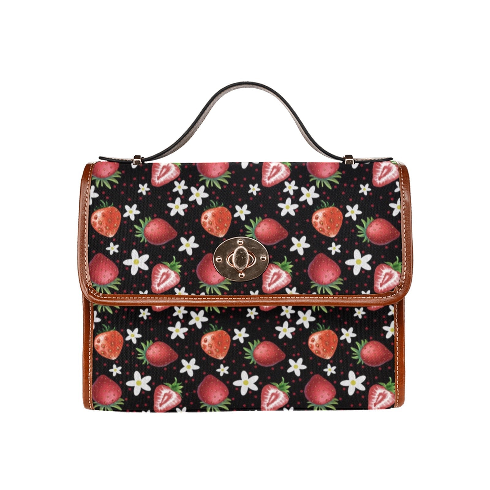 Kawaii Black Strawberries Purse, Canvas Satchel Bag