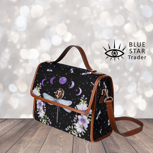 Purple Dragonfly Canvas Satchel bag, Cute Womens Purse Moon Phases