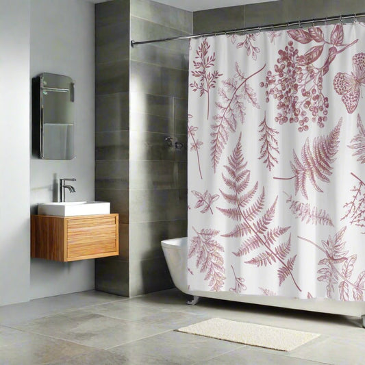Washable Water-Resistant Fabric Shower Curtain - No Liner Needed - Dusky Pink Botanics