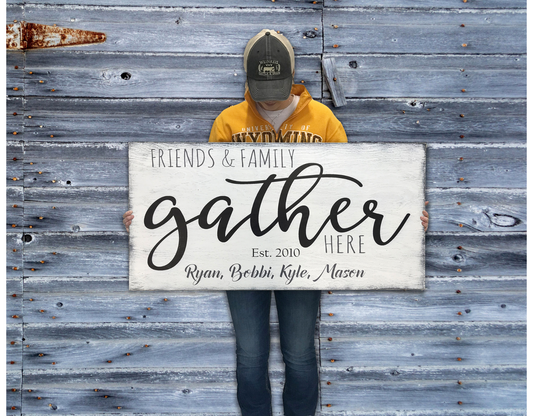 Friends & Family Gather Here Wood Personalized Name Sign