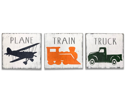 Plane Train Truck Wood Sign Set Boys Wall Decor