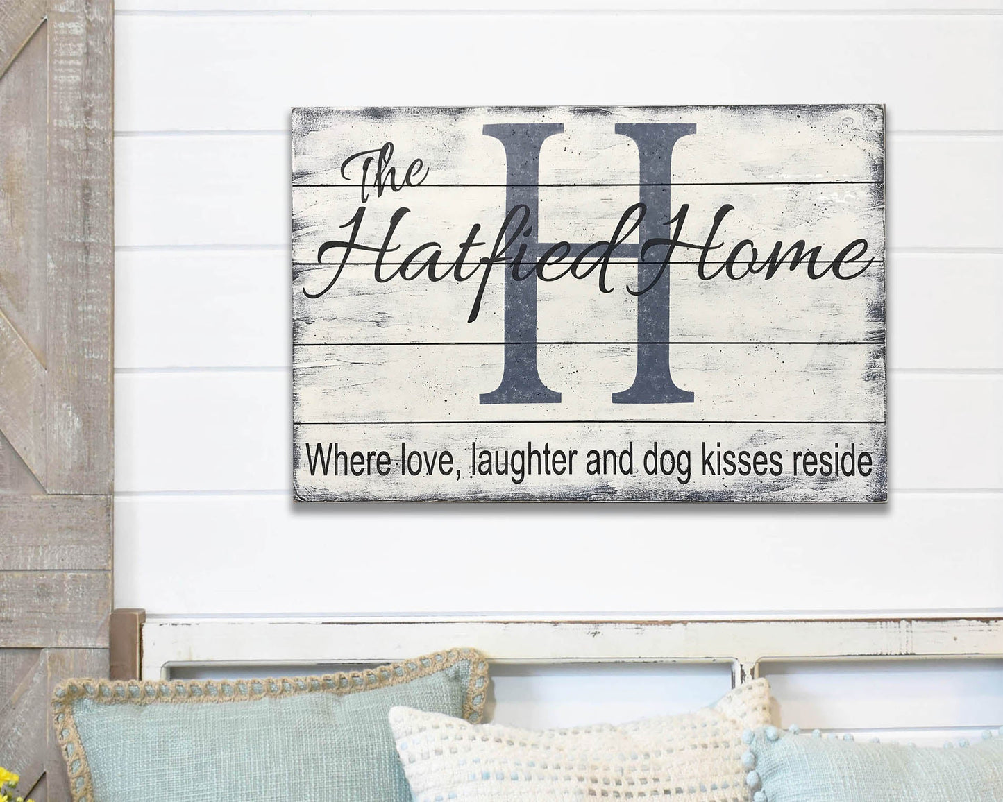 Personalized Wood Family Name Sign Dog Kisses