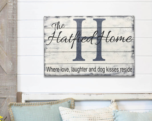 Personalized Wood Family Name Sign Dog Kisses