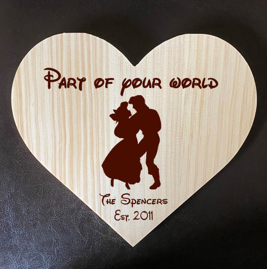 Part of Your World / Little Mermaid - Inspired Wooden Heart Love Plaque - Personalized Family Name/Est Date
