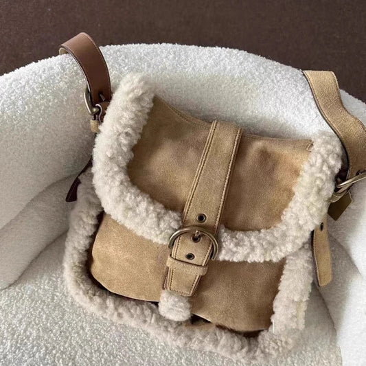 Luxury Design Patchwork Fluffy Crossbody Bag Casual Women Vintage Trendy Handbags Streetwear Fashion Y2k Aesthetic Shoulder Bags KOSAHIKI Fashion Store