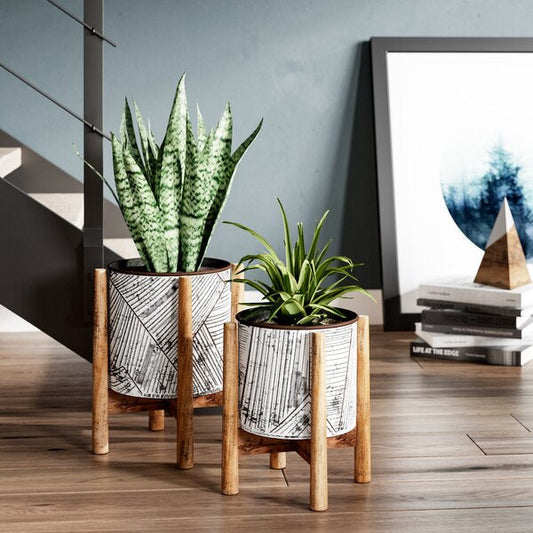 Set of 2 Pressed Tin Planters with Wooden Bases