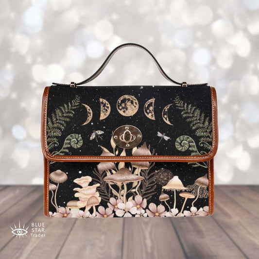 Elegant Mushrooms Cross Body Purse, Vegan, Cottagecore Witch Canvas Satchel bag