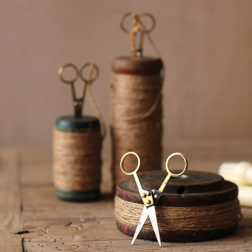 Wooden Spools With Jute Twine And Scissors