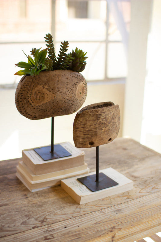 Set of 2 Repurposed Wooden Cow Bell Planters on Iron Stands