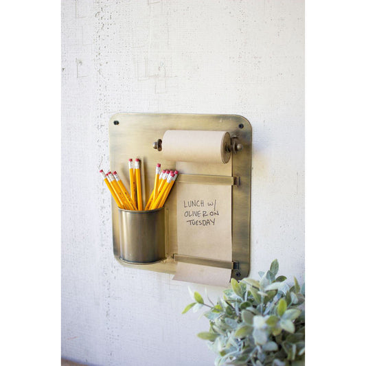 Antique Brass Hanging Note Roll and Pencil Cup