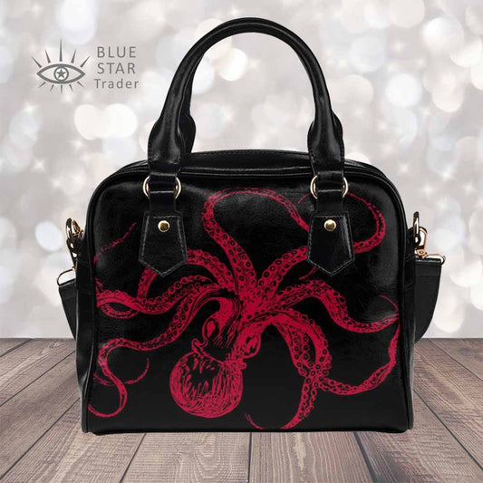 Black and Red Octopus Purse, Goth Bowler Bag