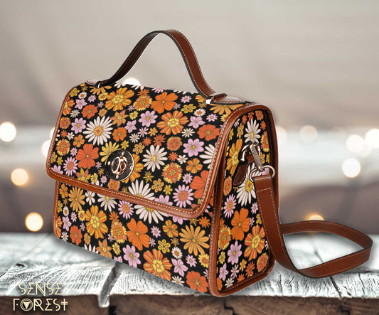 Cottagecore retro 70s orange color Daisy print canvas satchel bag