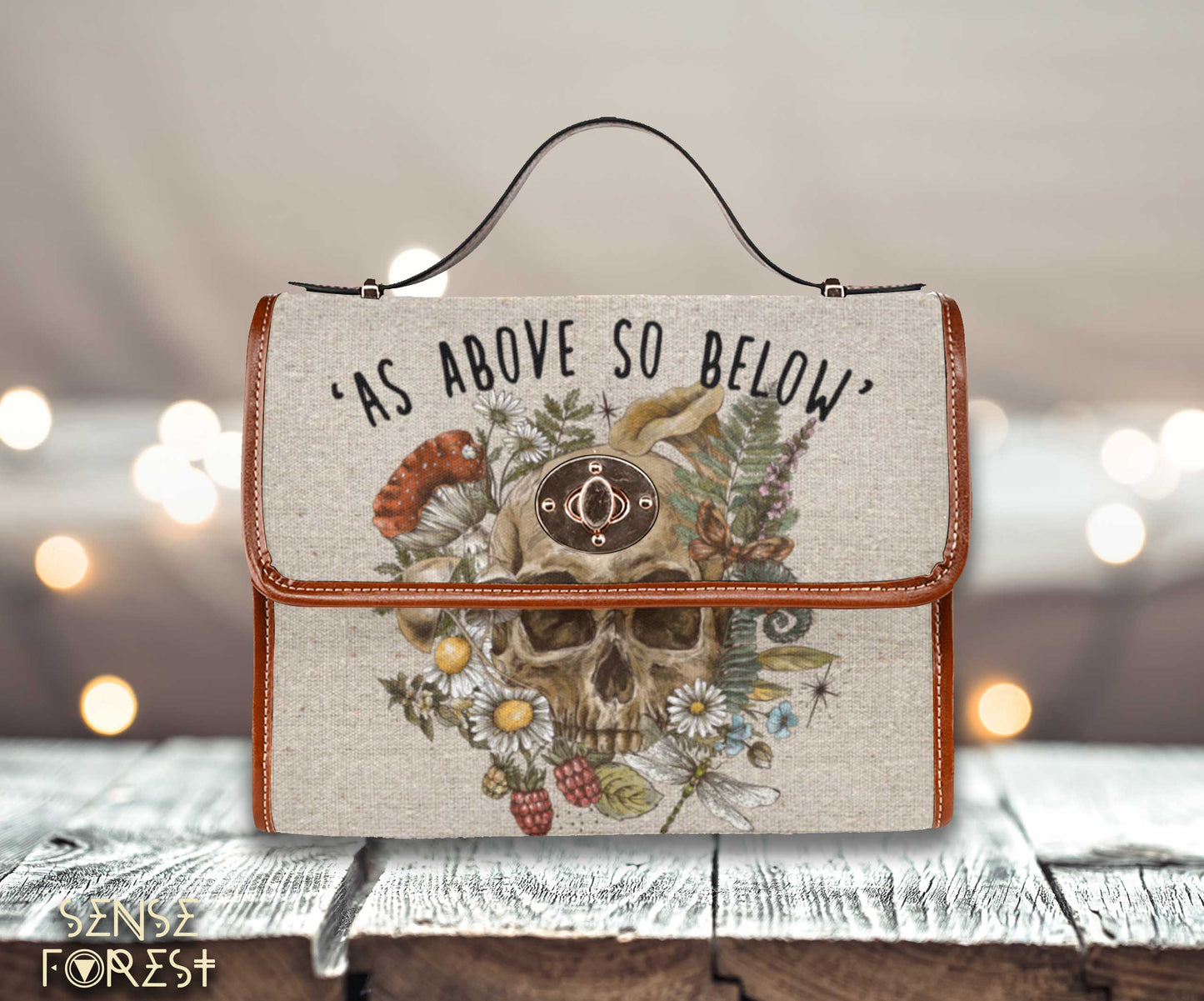 beige burlap canvas As above so below skull forest mushroom fern canvas satchel bag