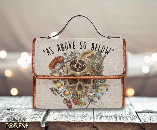 beige burlap canvas As above so below skull forest mushroom fern canvas satchel bag