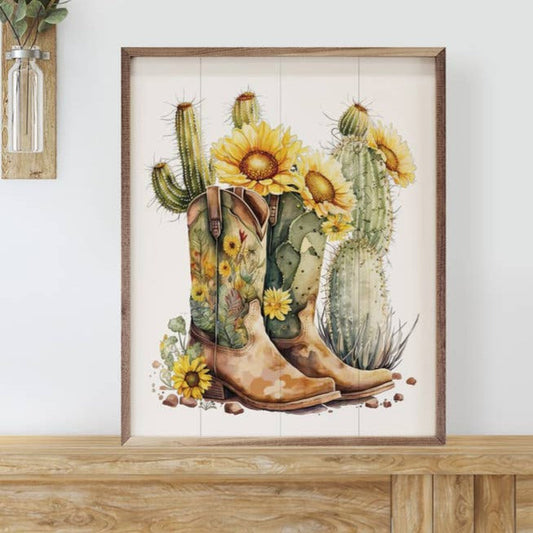 Sunflower Boots With Cactus Wall Art
