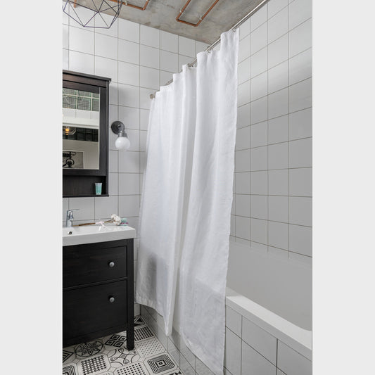 White & Off-White Linen Shower Curtain - Extra Long Linen Simple Bathroom Panel – Customs Size. 80", 90". and 96" Height