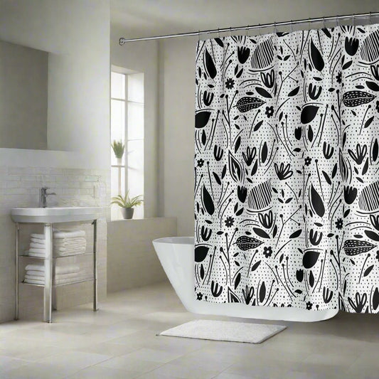Unique Stunning Fabric Shower Curtain - Washable - Water & Mold Resistant- Modern Black & White Floral