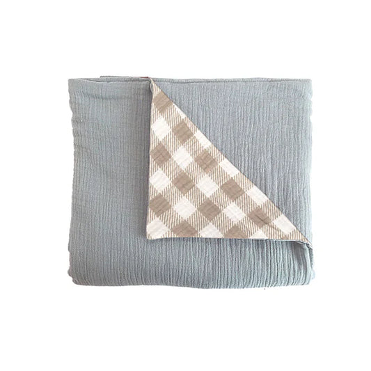 Mon Ami Slate Blue And Gingham Double Sided Muslin Play Mat