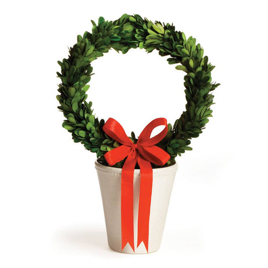 Boxwood Wreath & Red Ribbon In White Pot Large