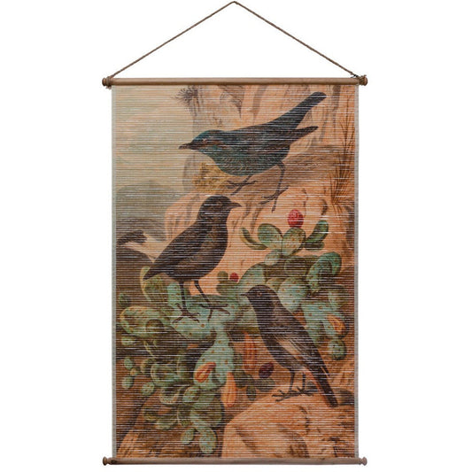 Printed Bamboo Scroll Wall Decor w/ Vintage Reproduction Birds Image