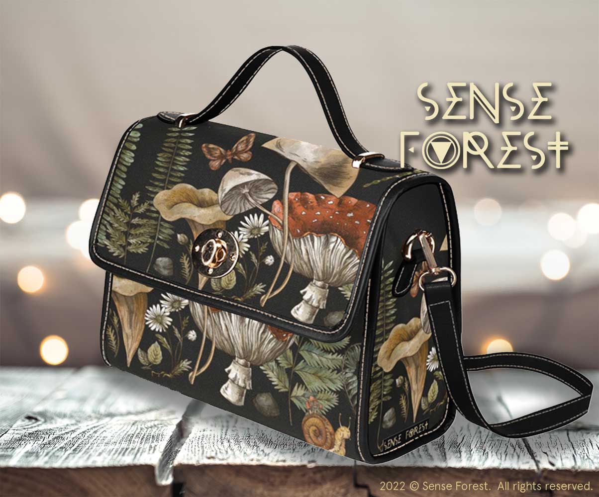 BLACK FOREST WITCH COTTAGECORE MAGIC MUSHROOM CANVAS SATCHEL BAG sense forest