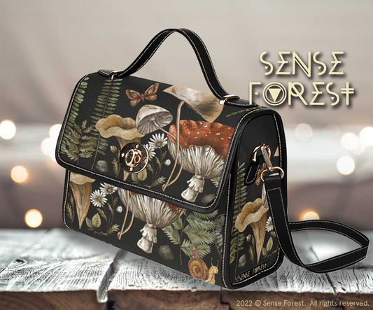 BLACK FOREST WITCH COTTAGECORE MAGIC MUSHROOM CANVAS SATCHEL BAG sense forest