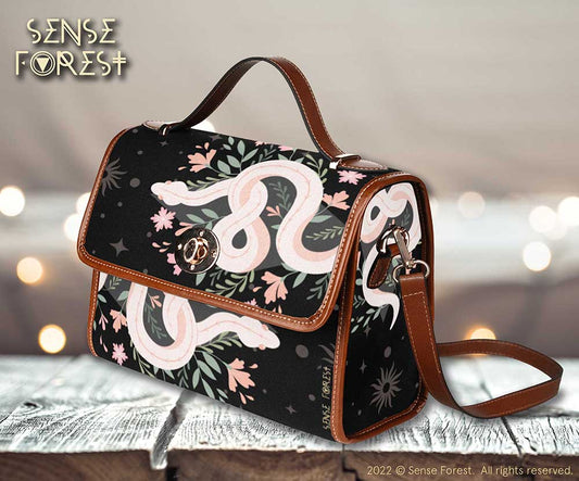 black witchy Boho Floral Snake Witchy Canvas Satchel Bag