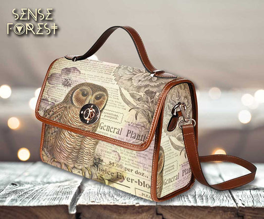 a junk journal style owl bird news print on a boxy canvas satchel bag by sense forest