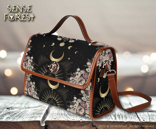 a trending boxy rose moon boho witchy cottagecore canvas satchel bag by sense forest