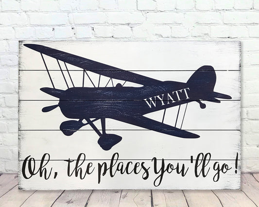 Oh The Places You'll Go Personalized Boys Vintage Airplane Wall Decor