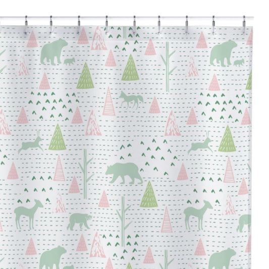 Washable Water-Resistant Fabric Shower Curtain - No Liner Needed -  Pink & Green Animals