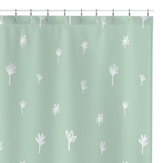 Washable Water-Resistant Fabric Shower Curtain - No Liner Needed - Sage Green & White Modern Floral