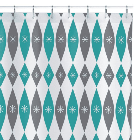 Water Resistant Washable Durable Fabric Shower Curtain - Unique Design- Turquoise & Grey Mid Century Style