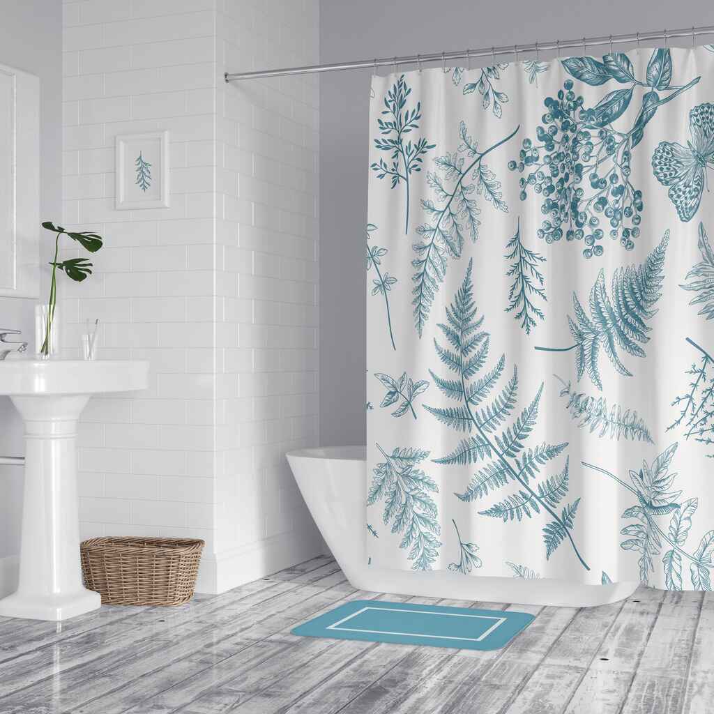 Washable Water-Resistant Fabric Shower Curtain - No liner needed - Turquoise & White Botanics