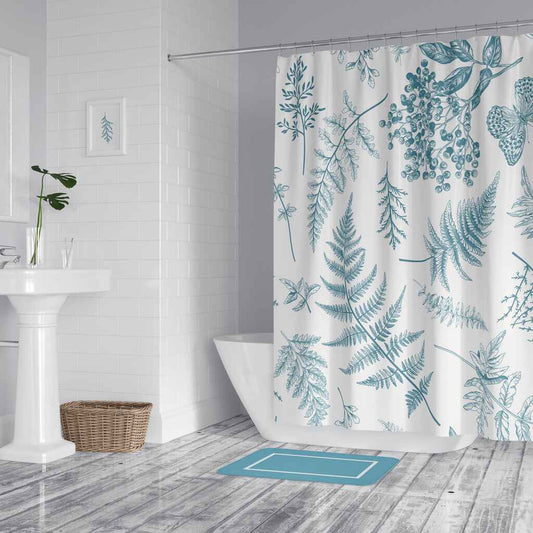 Washable Water-Resistant Fabric Shower Curtain - No liner needed - Turquoise & White Botanics