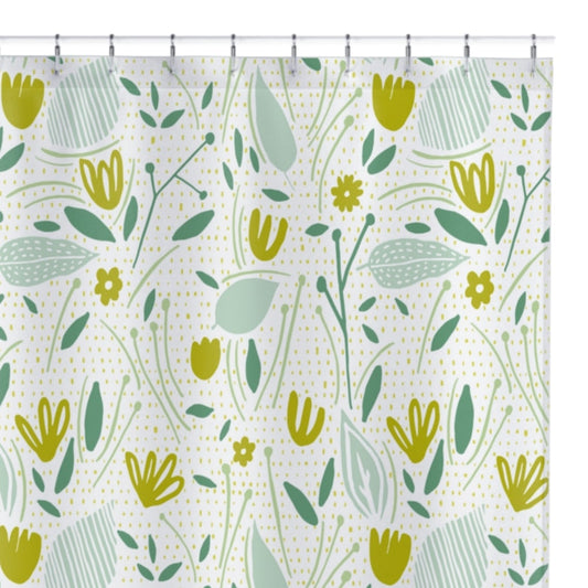 Floral Design On Washable Fabric Shower Curtain  - Water & Mold Resistant - Mustard & Green Floral